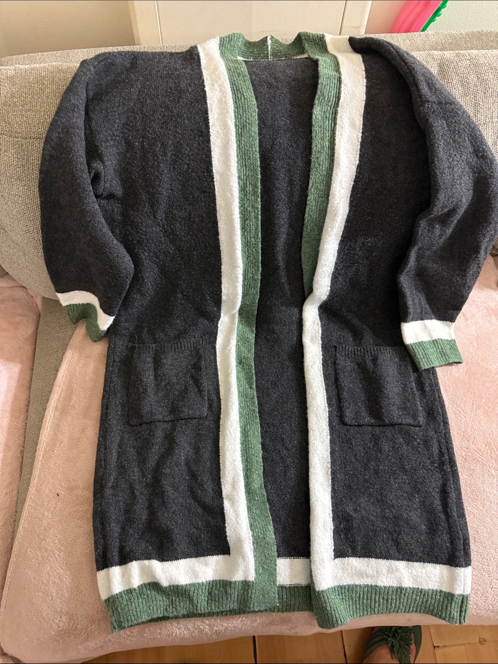 Women’s Charcoal Open-Front Cardigan with Green & White Trim